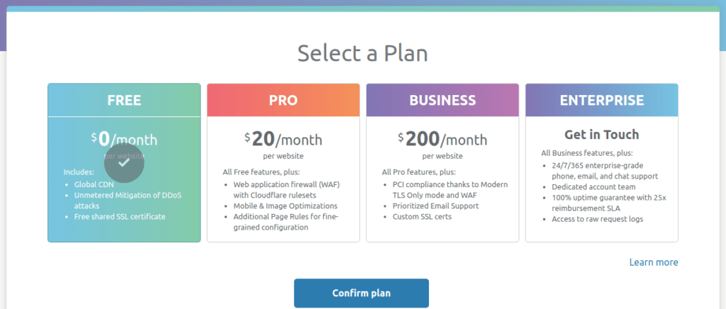 Cloudflare select plan