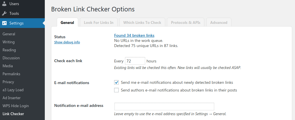 Broken Links Checker General Settings