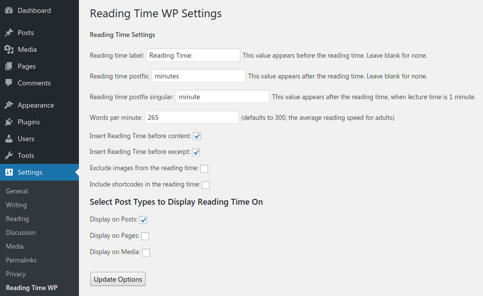 WordPress Reading Time WP Setting