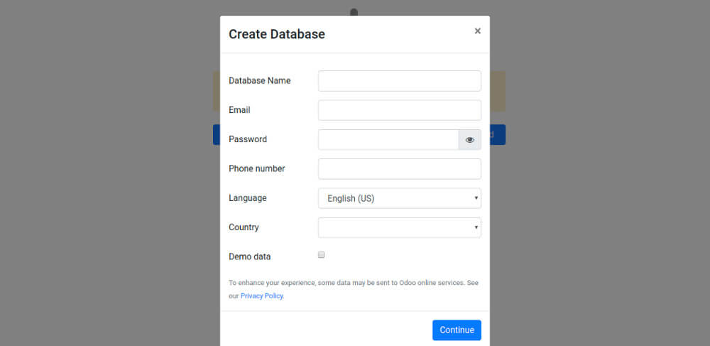 Odoo 13 Create New Database