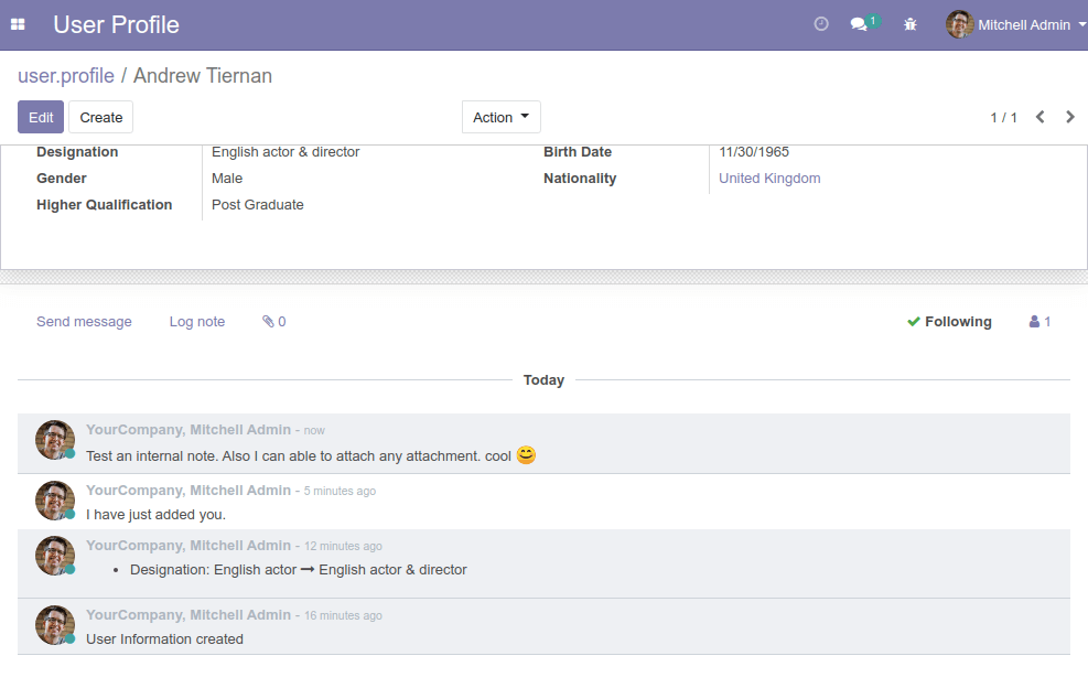 Track Visibility Message and Internal note added to Chatter in form view